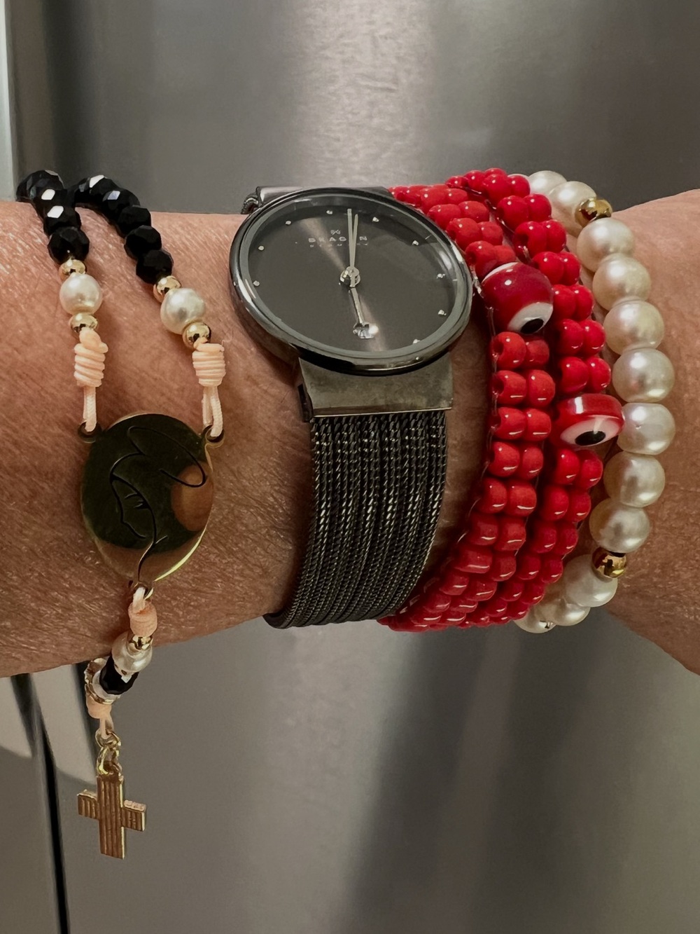 Red Beaded and Pearl Stack Bracelet Set